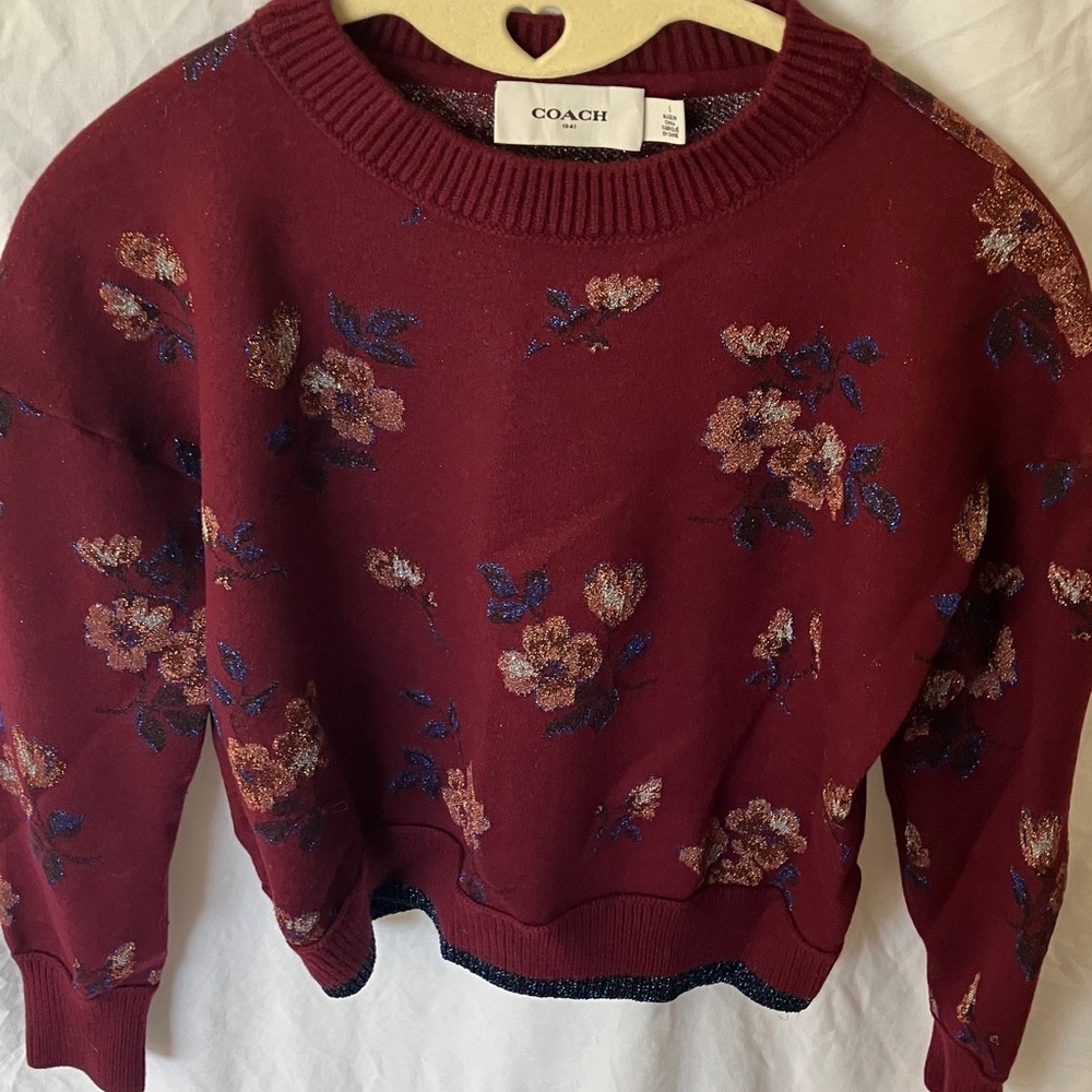 Coach: Burgundy Floral Jacquard Crewneck (66531)Sweater- Wool Blend- Metallic- S - Picture 14 of 16